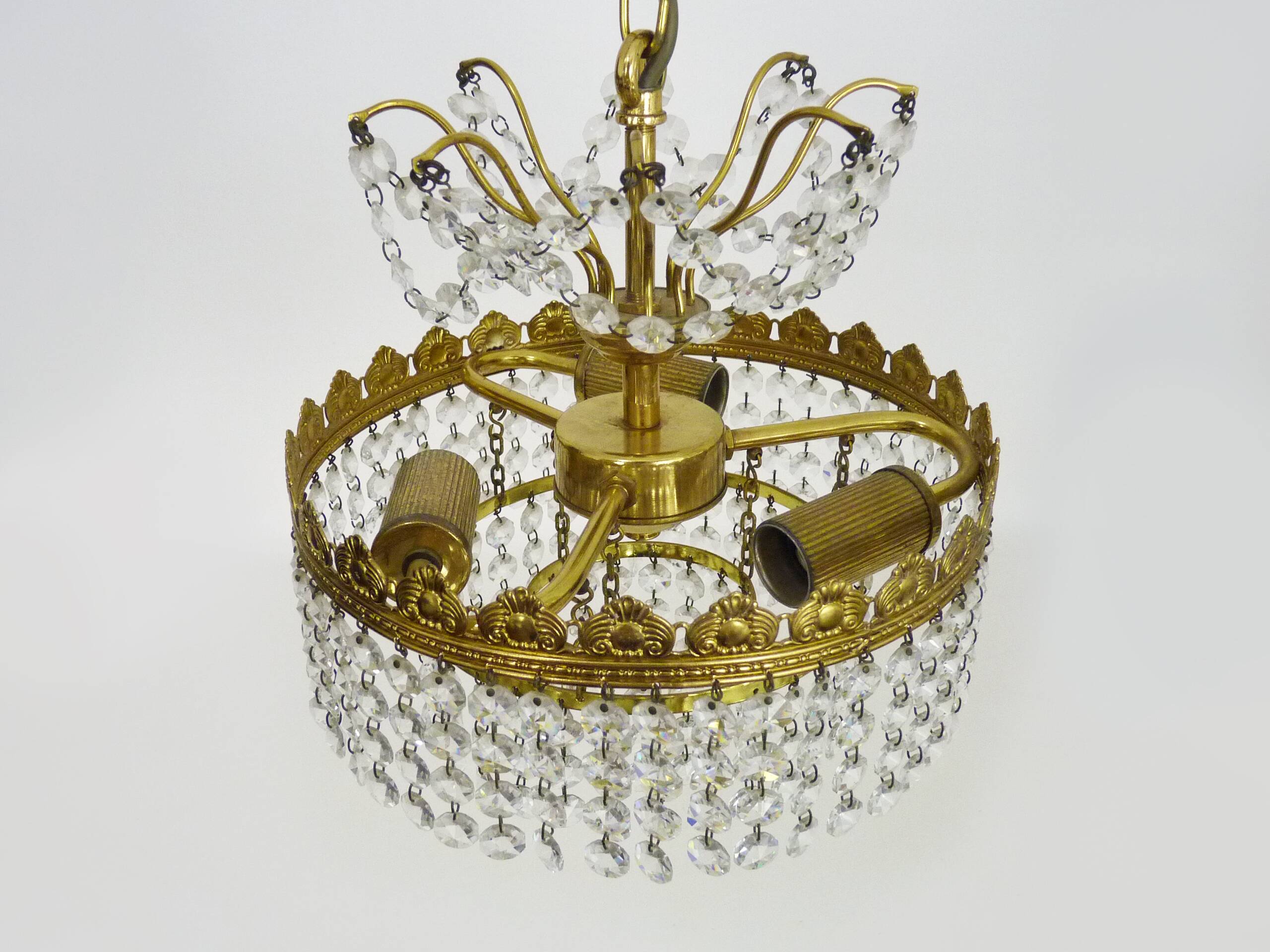 Old chandelier, brass crown ceiling light, 3 floors, 3 lights, glass pendants. 60s