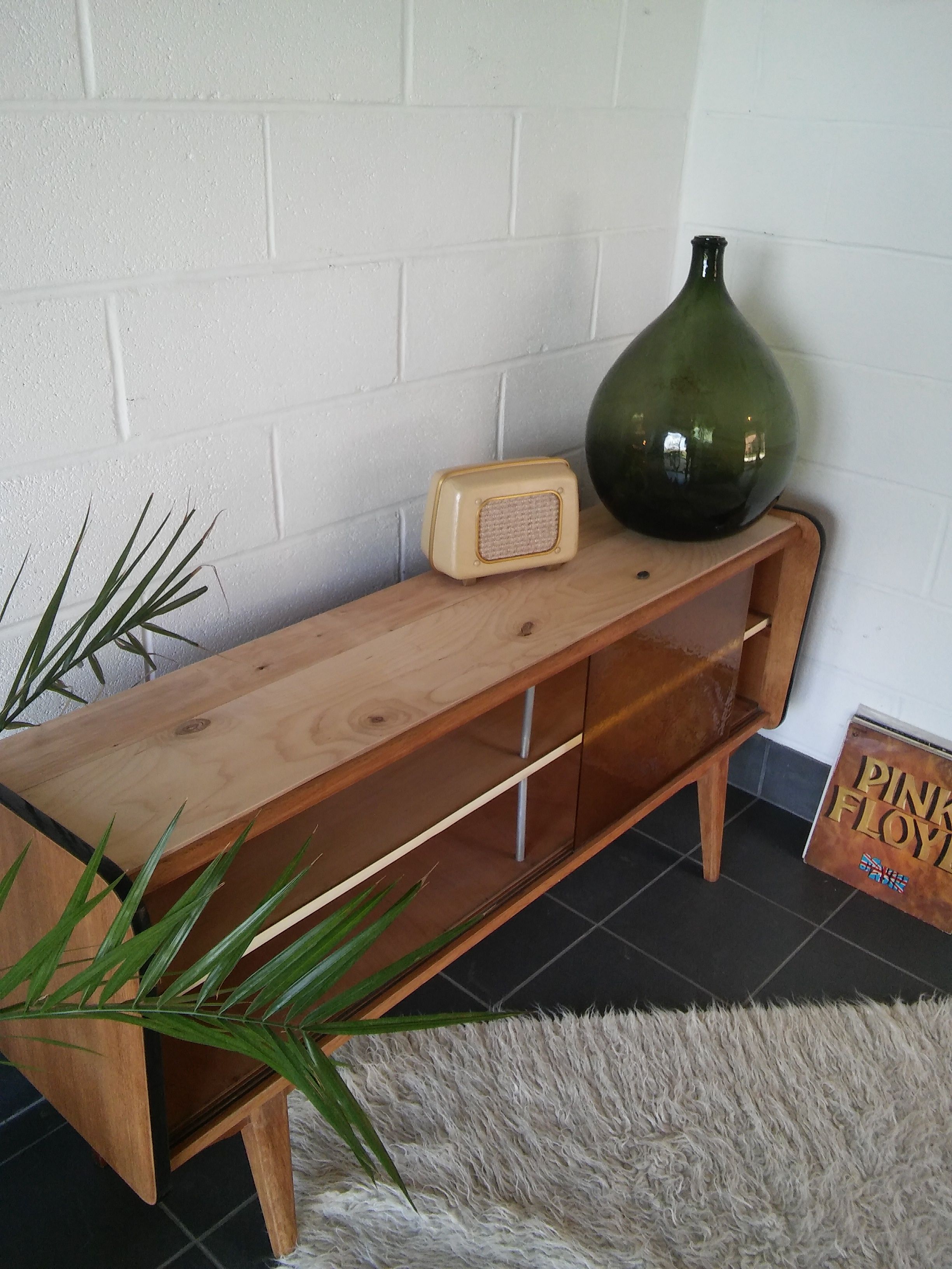 Sideboard vintage Scandinavian feet compass of oak and glass