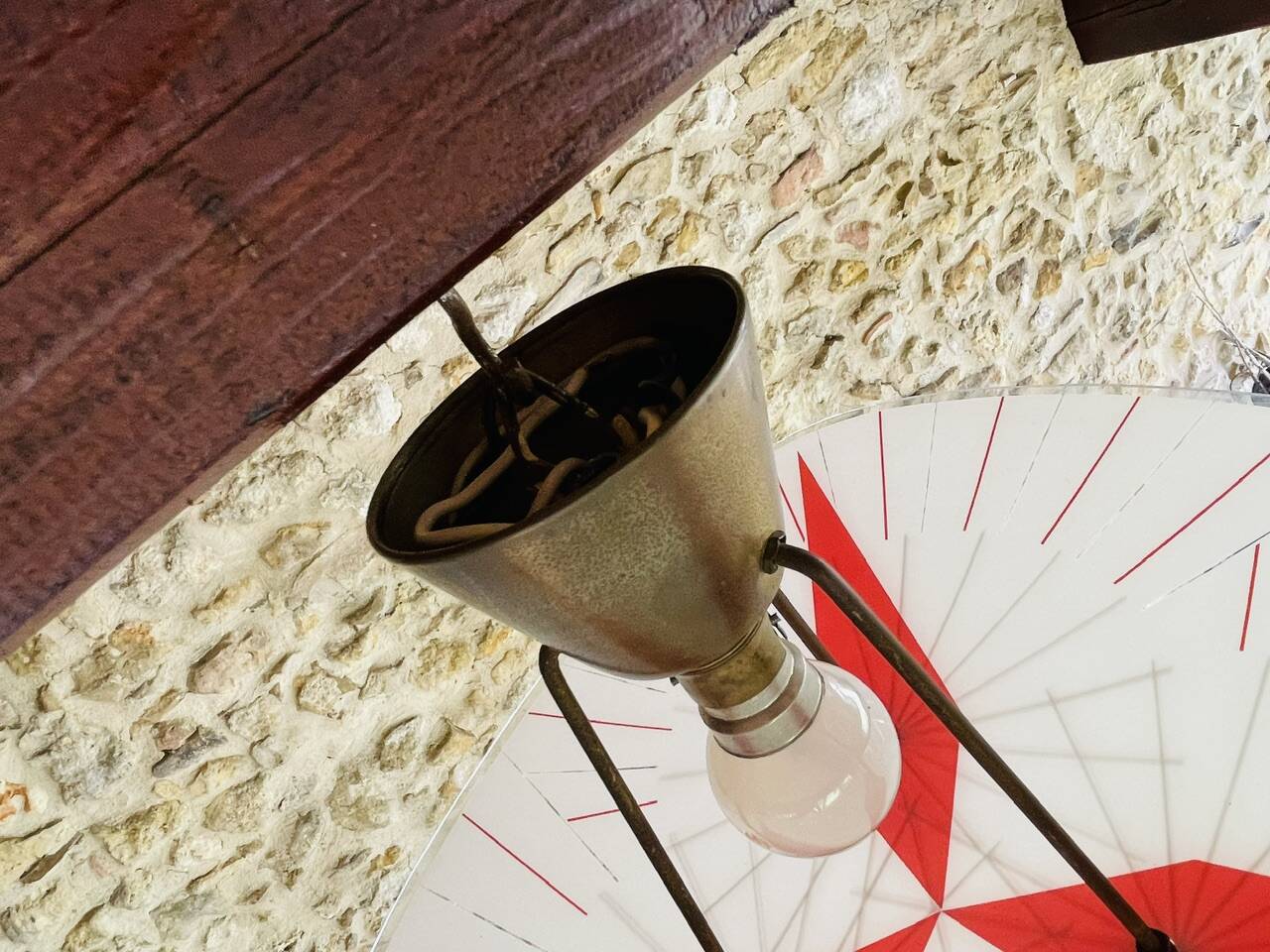 Vintage triangular ceiling light in glass and brass circa 1970s.