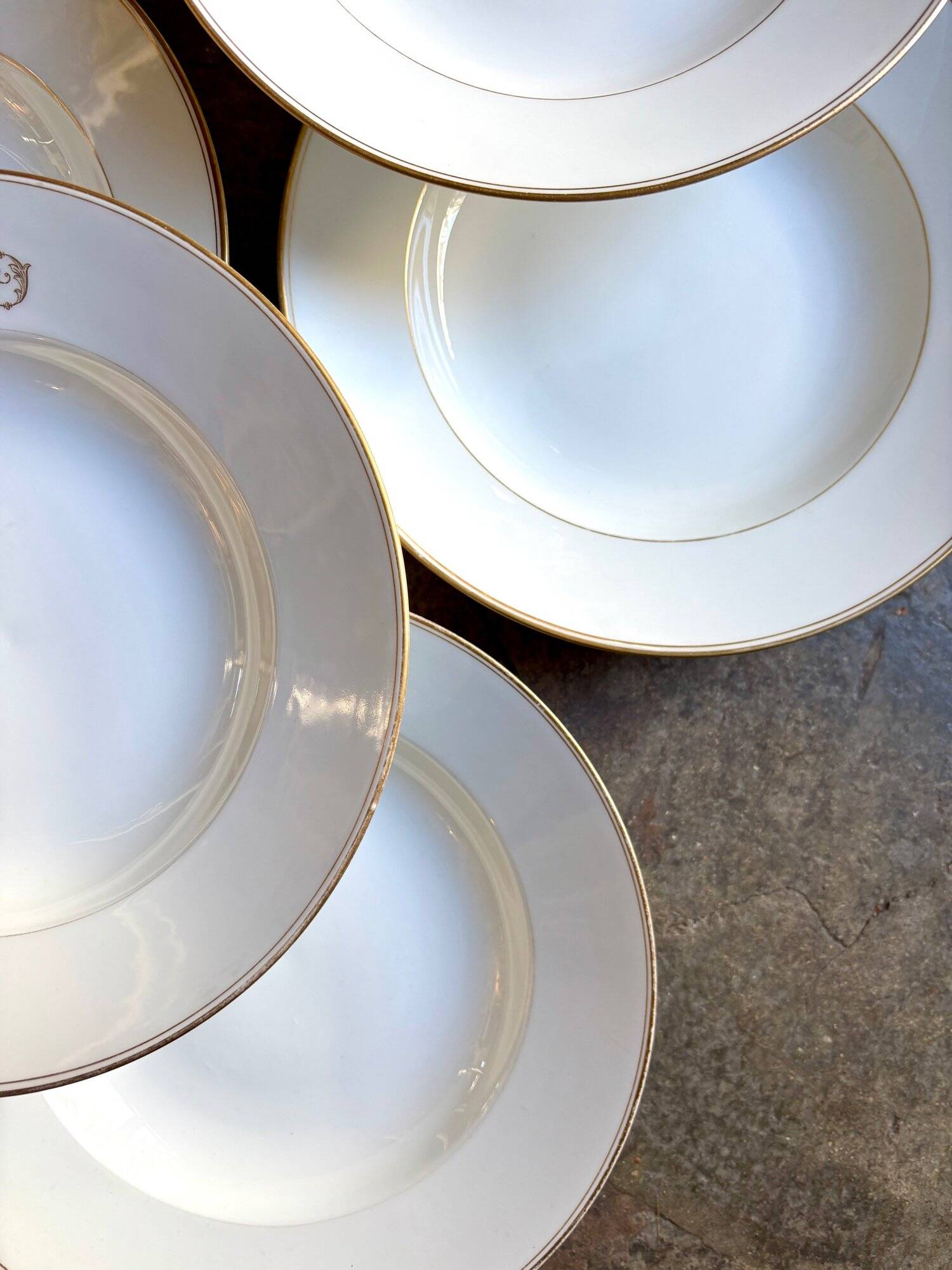 6 monogrammed Paris porcelain soup plates