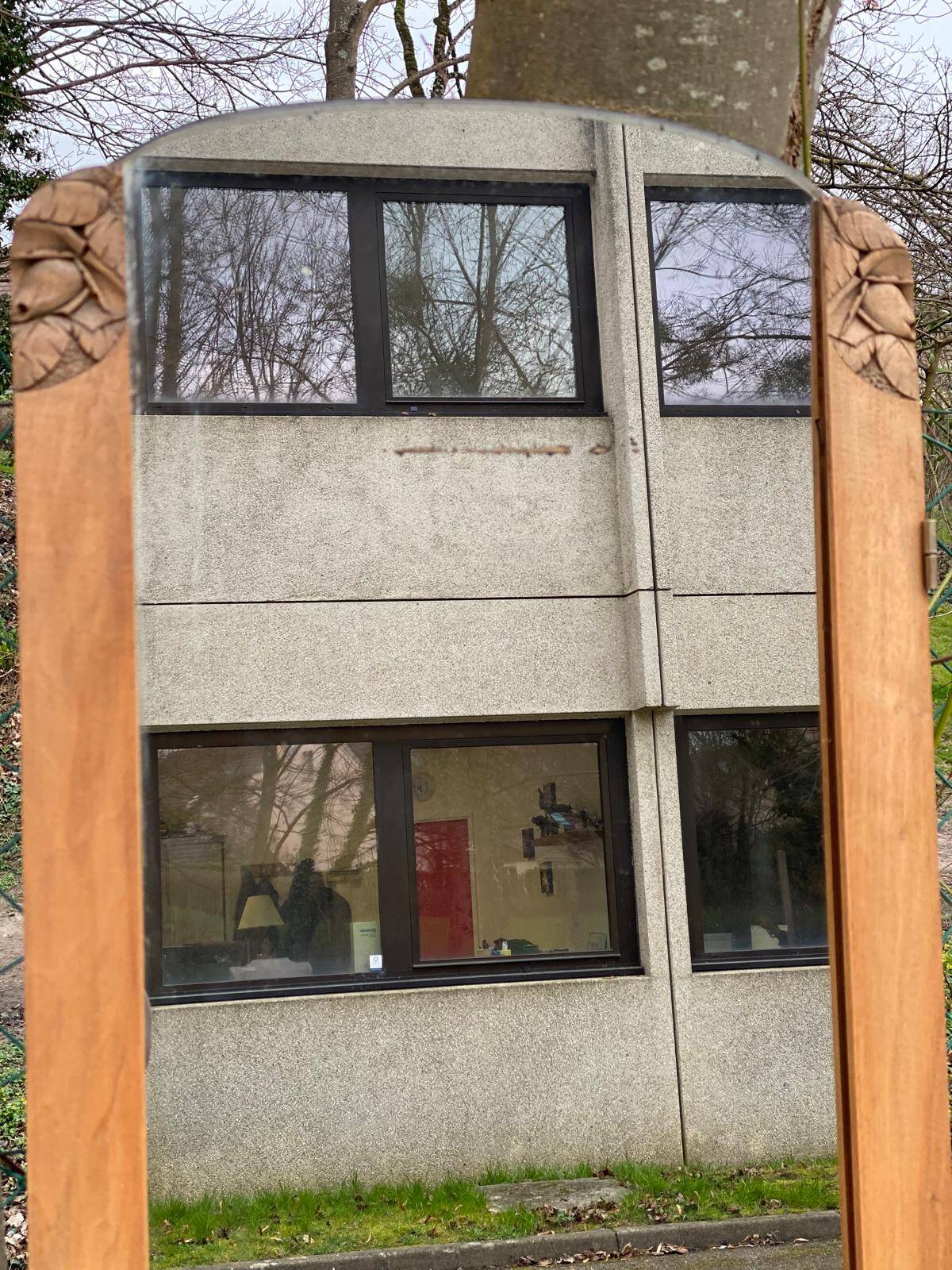 Art Deco mirror on a carved arched base, renovated in raw oak, 186cm
