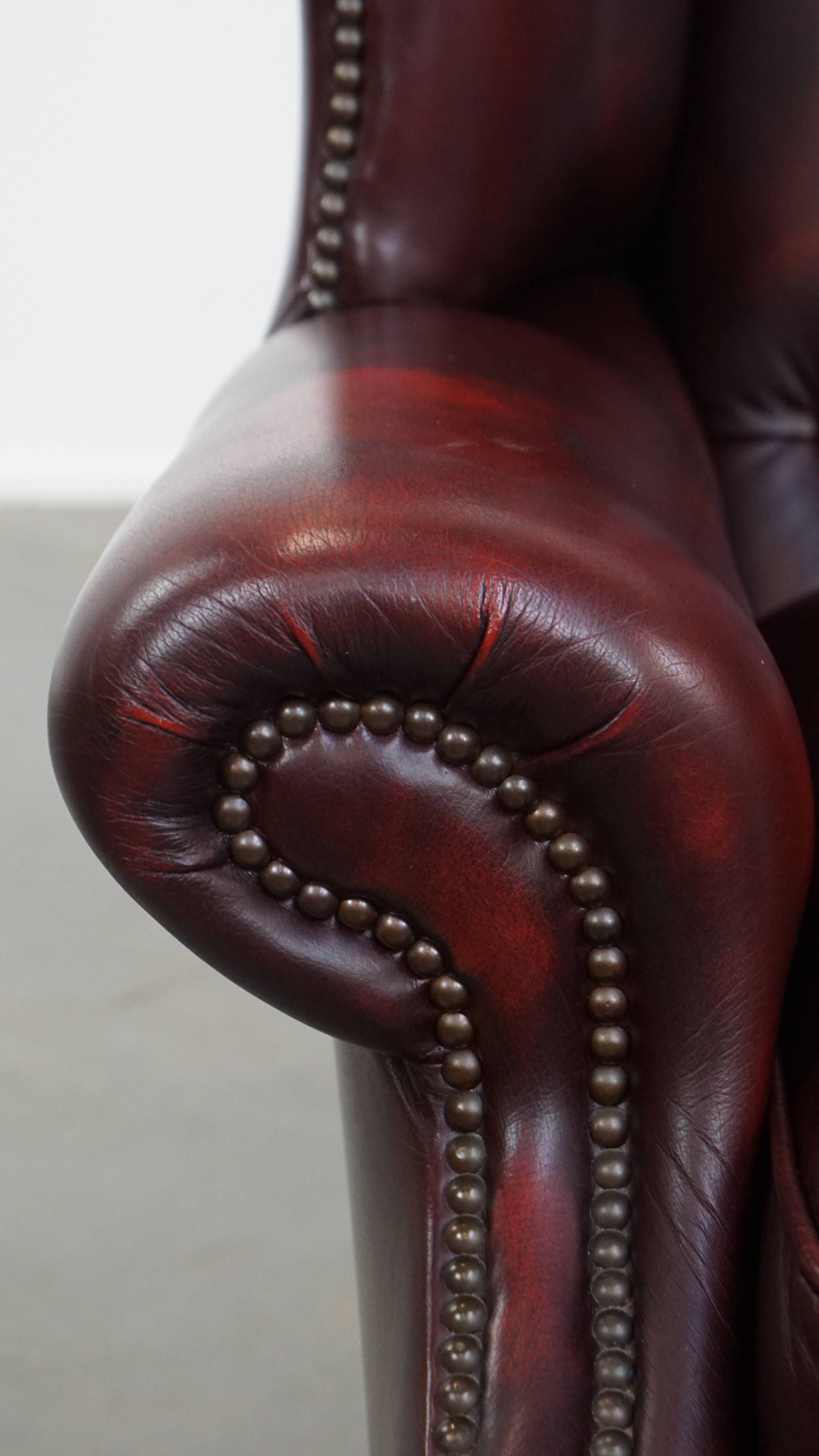 Red Cowhide Leather English Chesterfield Wingback Chair