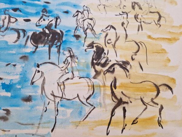 Hassan El Glaoui (1924-2018) - Aquarelle sur papier  ''Cavaliers sur la plage'' - Signée
