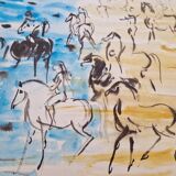 Hassan El Glaoui (1924-2018) - Watercolor on paper "Riders on the beach" - Signed