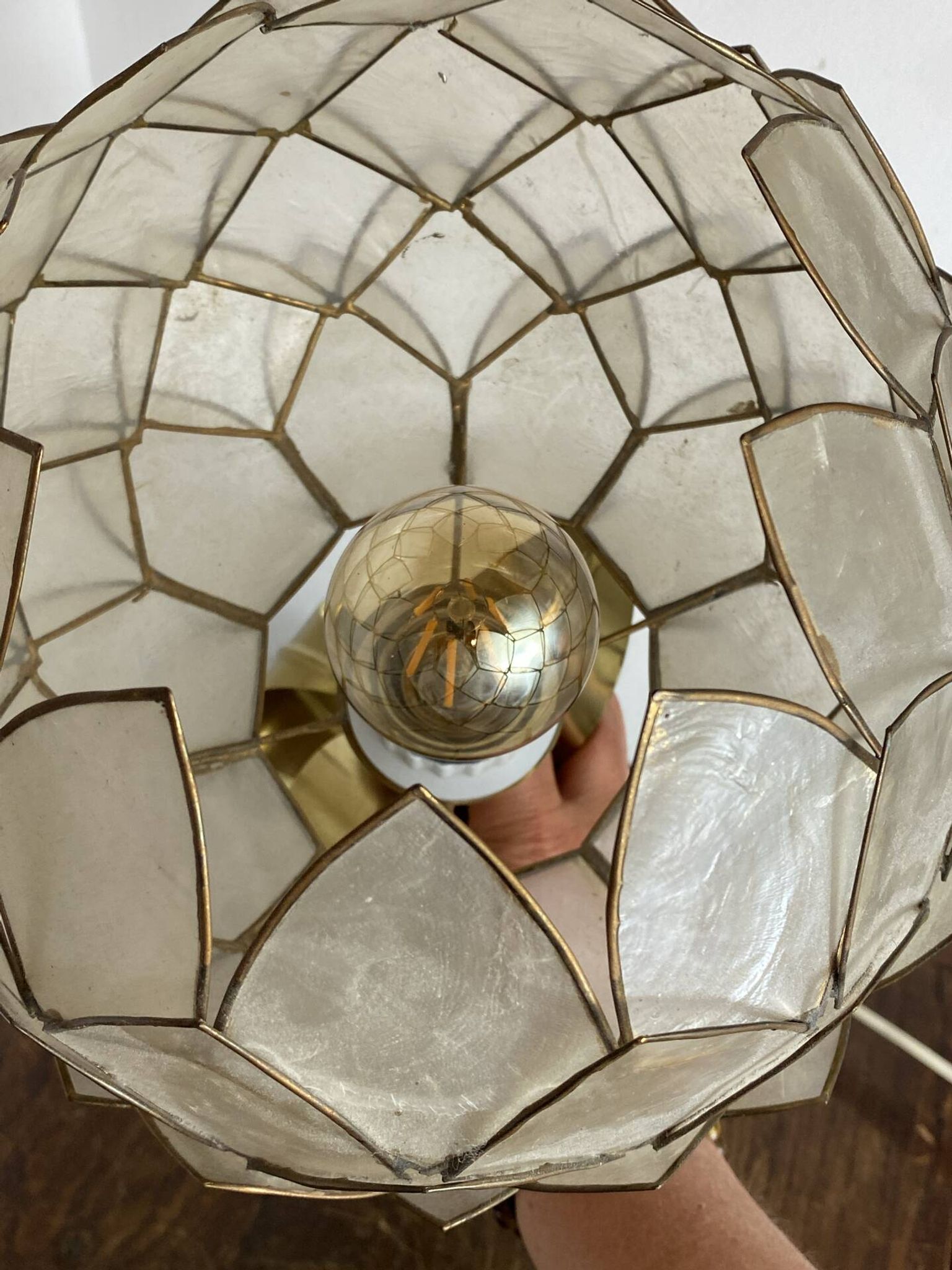 Brass lamp, metal and mother-of-pearl