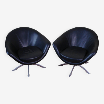 Ensemble de 2 fauteuils pivotants en cuir des années 1980