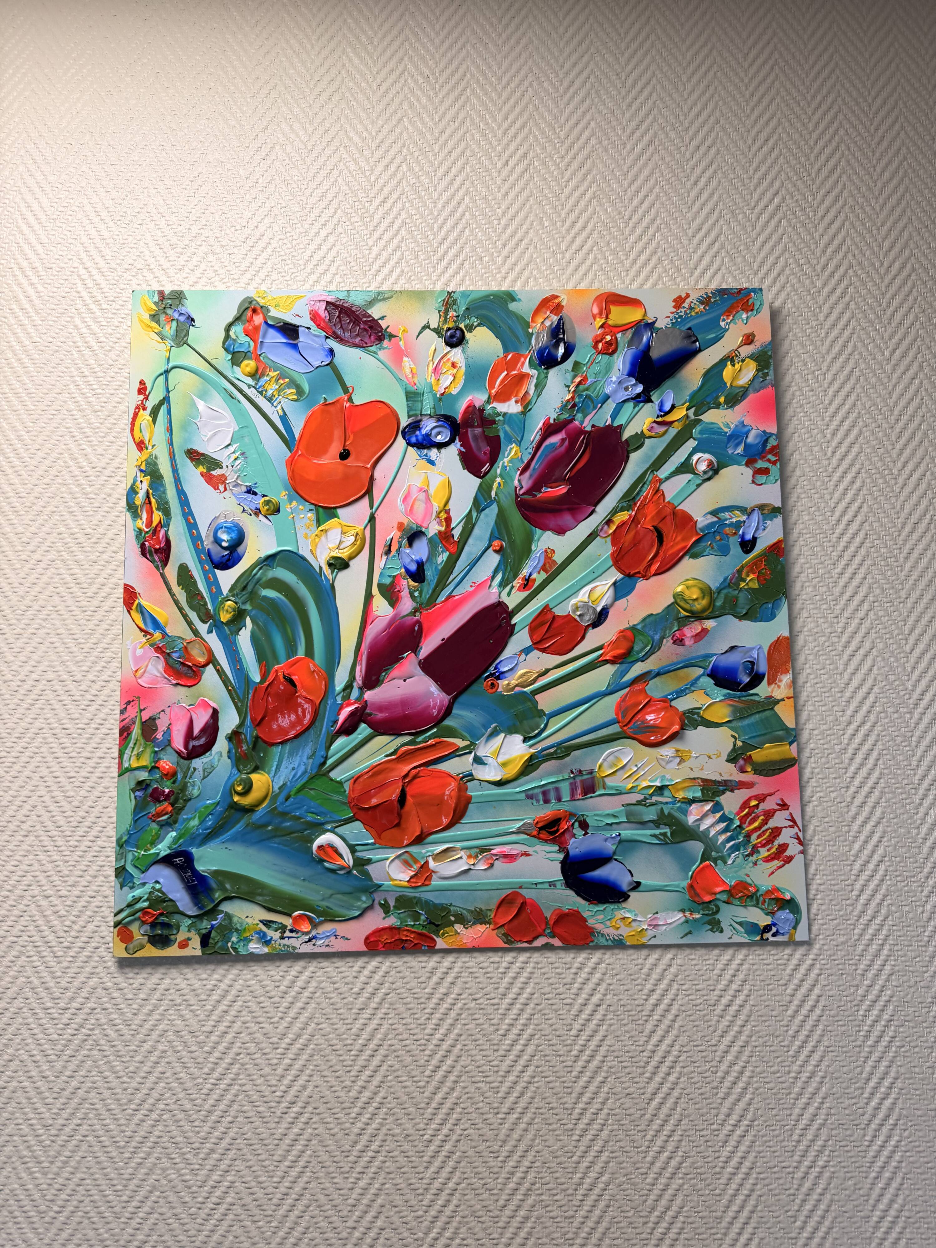 Quadriptyque de peintures abstraites florales au couteau JP Accault
