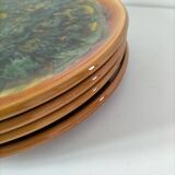 Set of 4 flamed enamel plates in green and amber from the 60s-70s.
