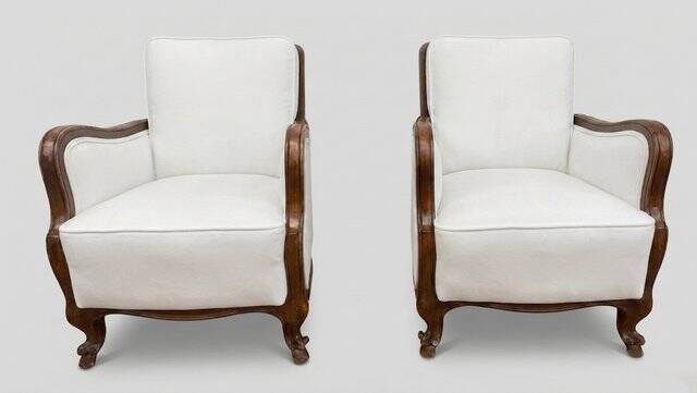 Classic Italian Armchairs with White Upholstery, 1920s, Set of 2