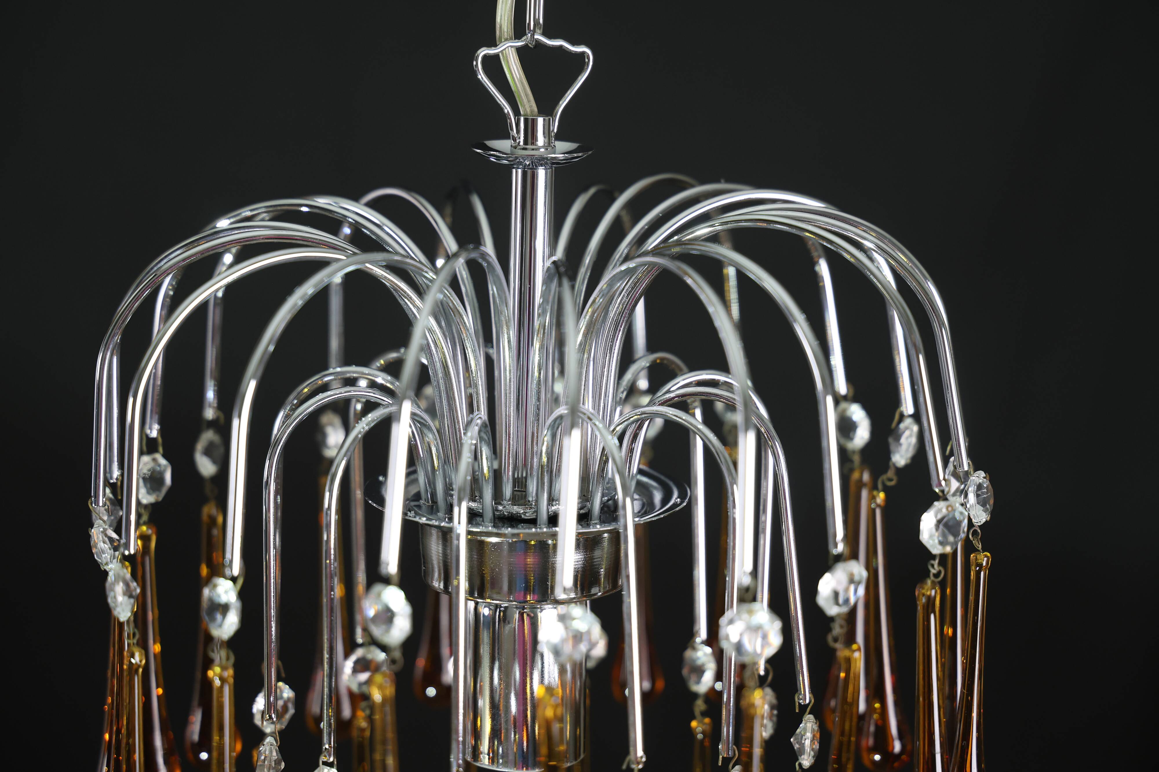 The Amber Crown, Murano Chandelier Amber and Crystal Drops, 1970s