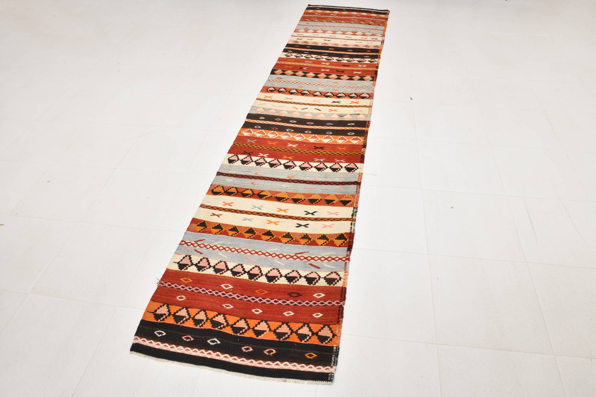 3x12 Turkish Vintage Kilim Runner Rug, Aesthetic Decor Rug, 75x352Cm