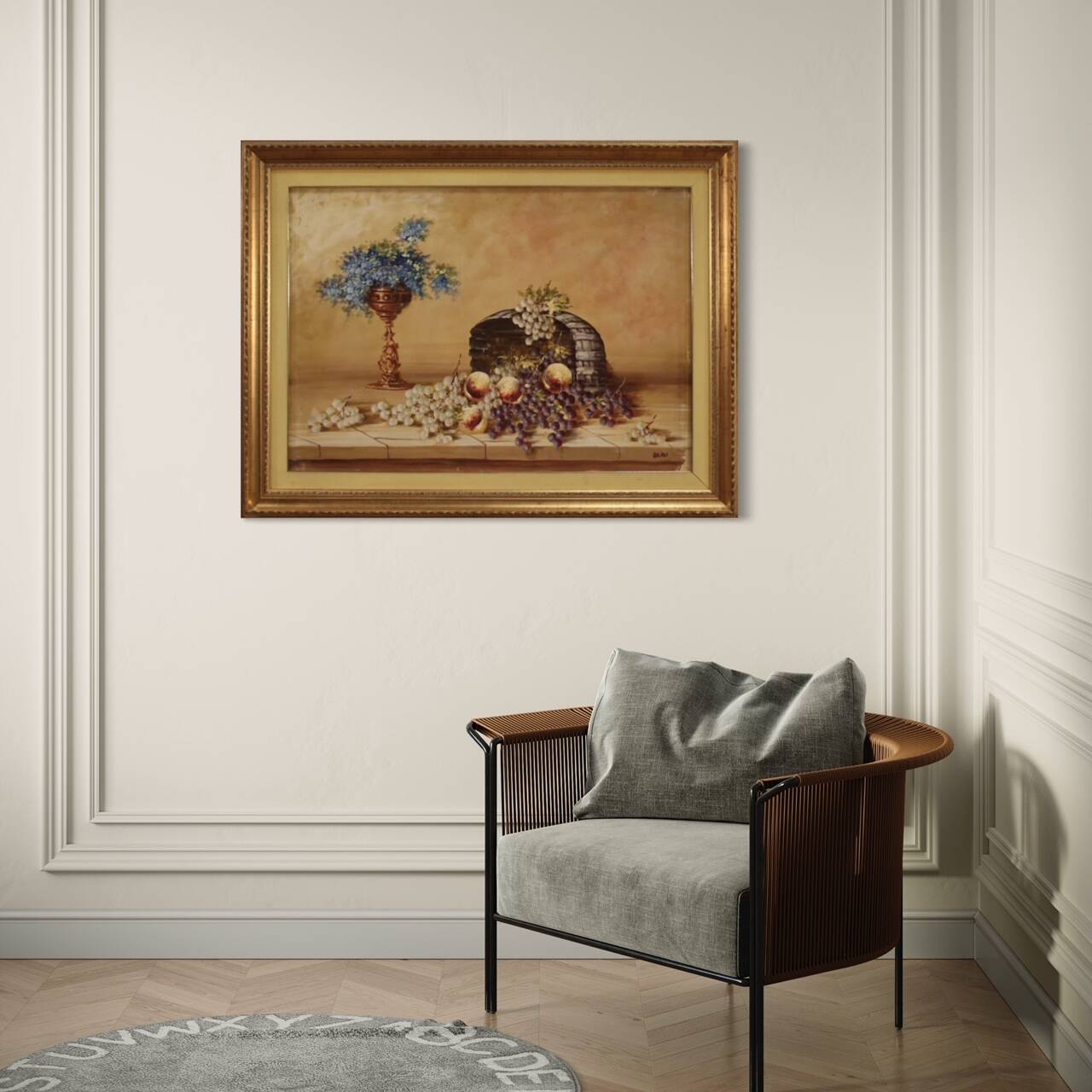 Signed painting still life with flowers and fruit from the 20th century