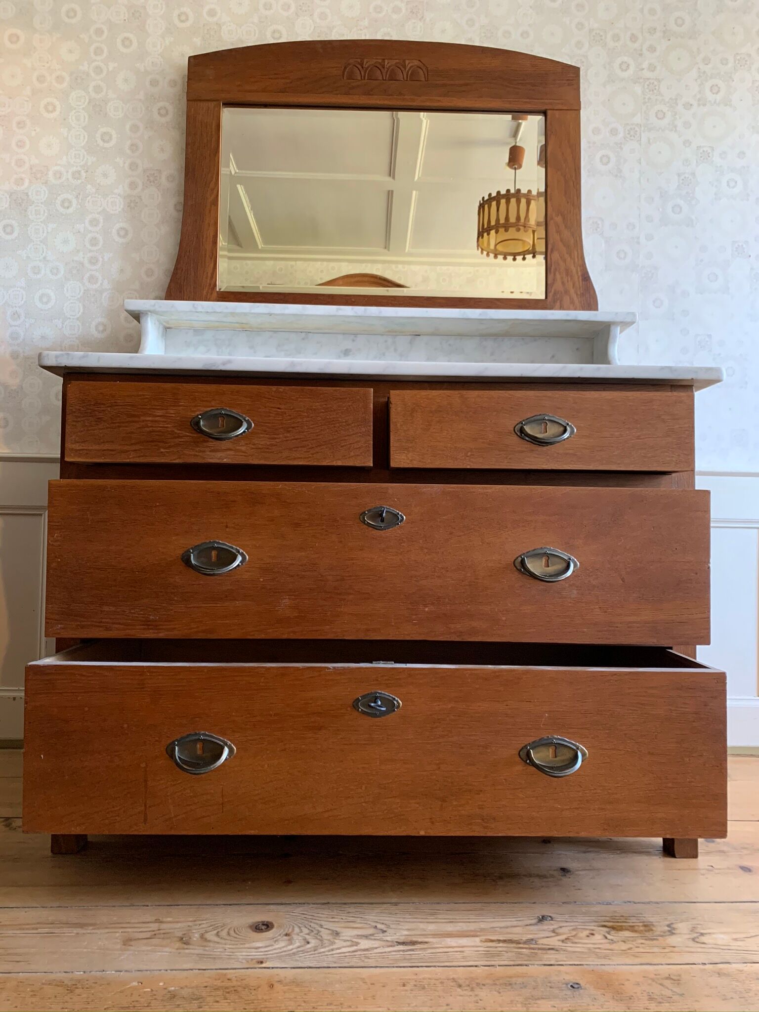 Wooden Chest of Drawers with marble top & mirror, antik country house 19th Century