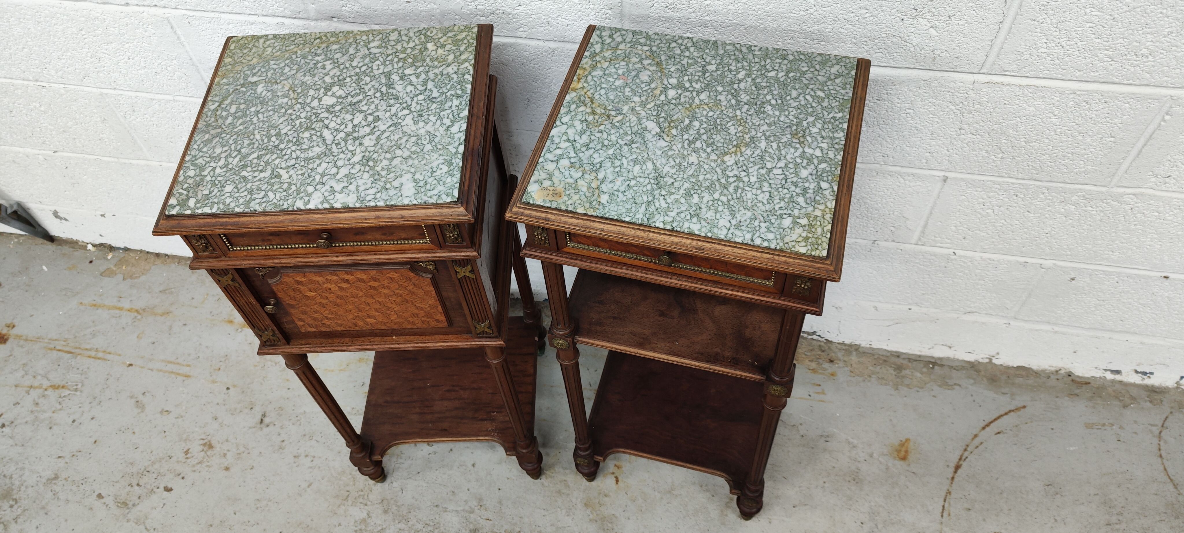 Pair of bedside old marquetry top green marble and bronze decorations
