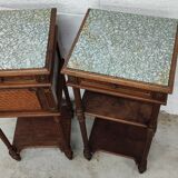Pair of bedside old marquetry top green marble and bronze decorations
