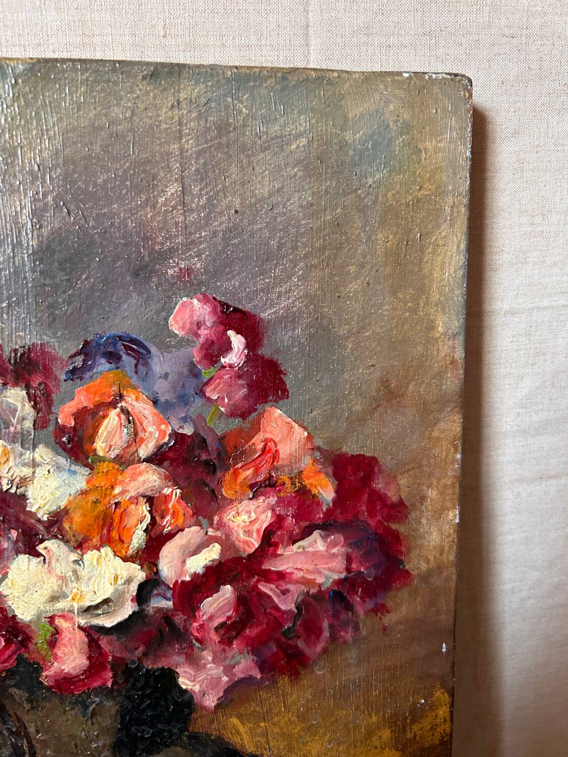 Old table still life with flowers oil painting
