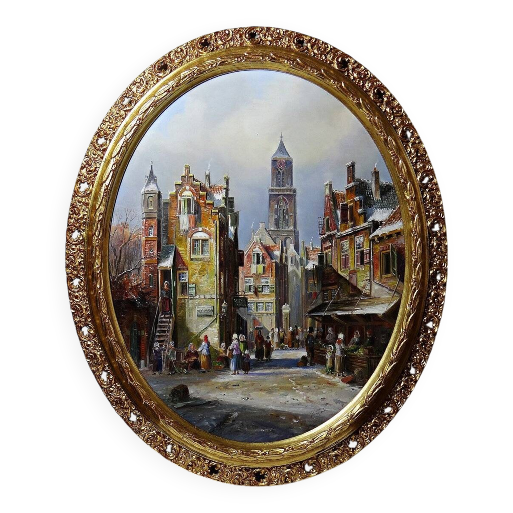 Grand tableau scène urbaine huile sur bois encadré John Haanstra ...