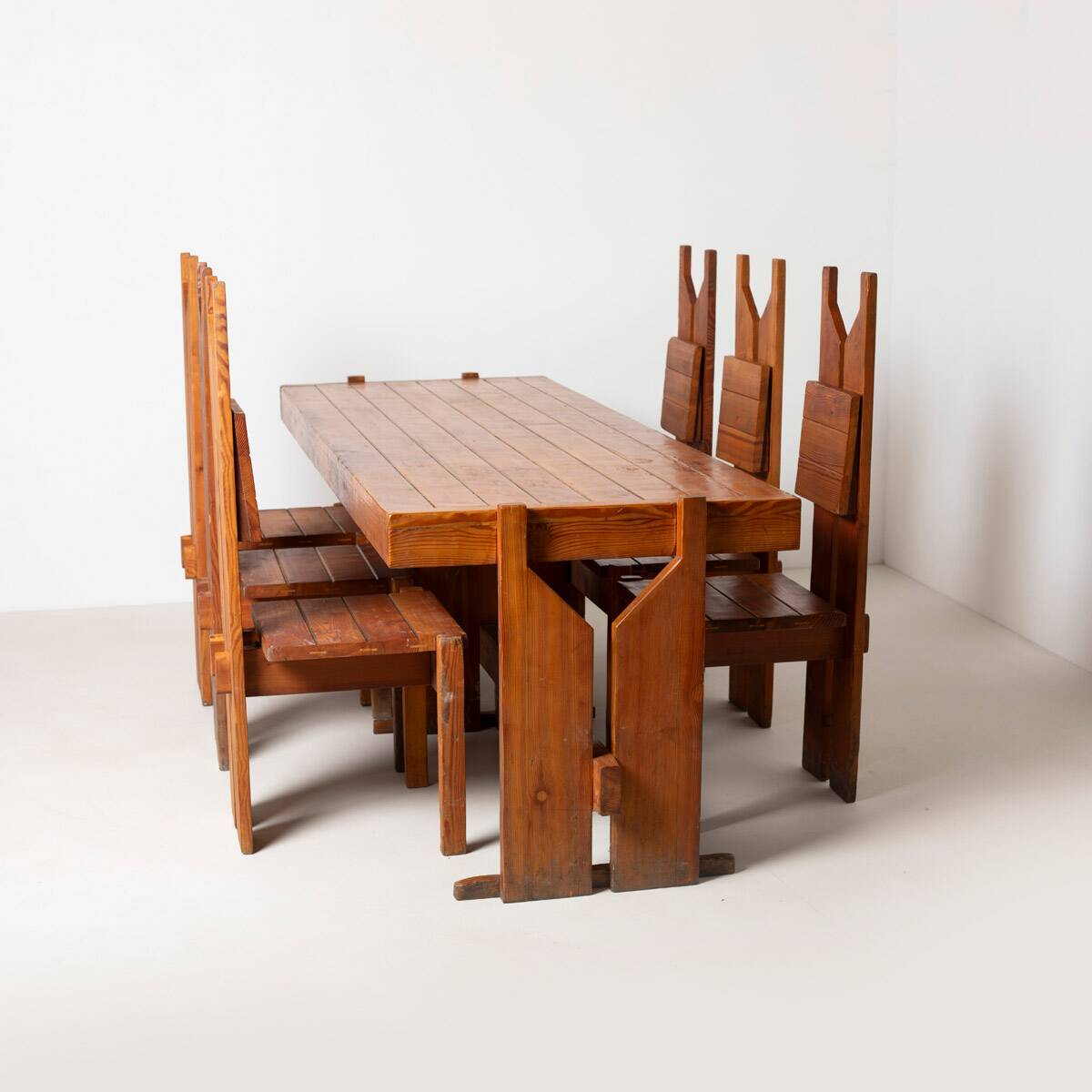 Set of large unique brutalist dining table and 6 chairs in pine, Czechoslov