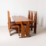 Set of large unique brutalist dining table and 6 chairs in pine, Czechoslov