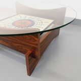 Vintage 60s-70s round coffee table with 2 shelves in glass and rosewood