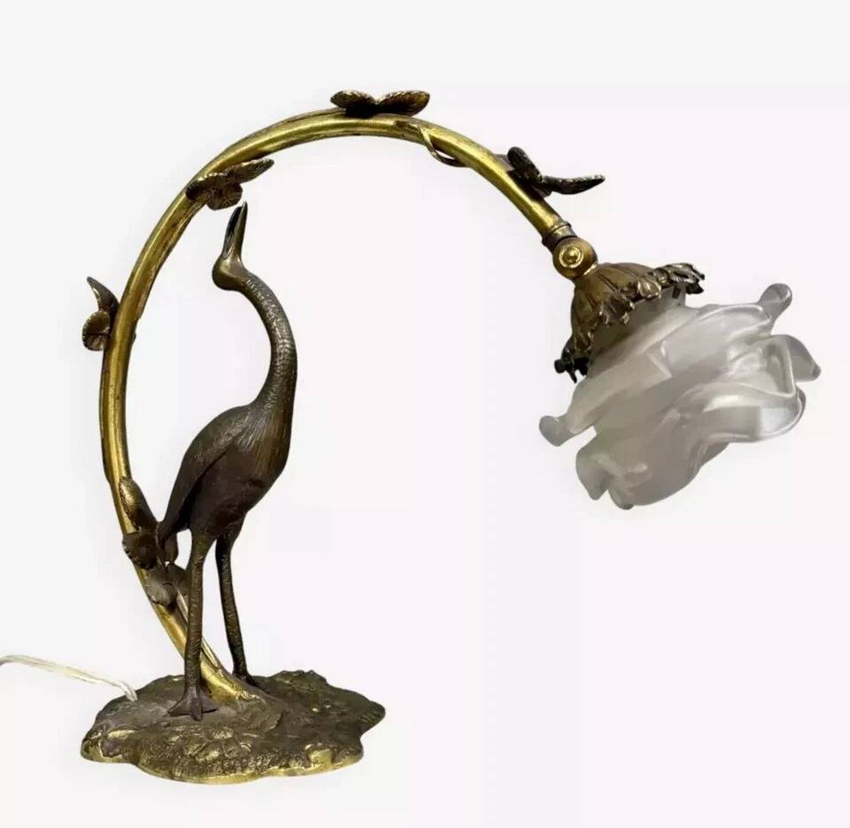 Large Art Nouveau Heron Lamp in bronze with double patina