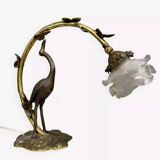 Large Art Nouveau Heron Lamp in bronze with double patina