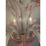 Chandelier in transparent and pink Murano-style glass with flower and leaf.