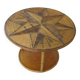 Round coffee table in bamboo, rattan, and wood with an 80s star pattern.