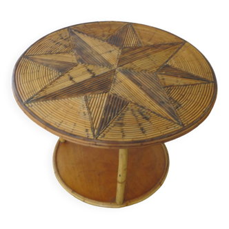 Round coffee table with bamboo, rattan and wood, star pattern, 80s