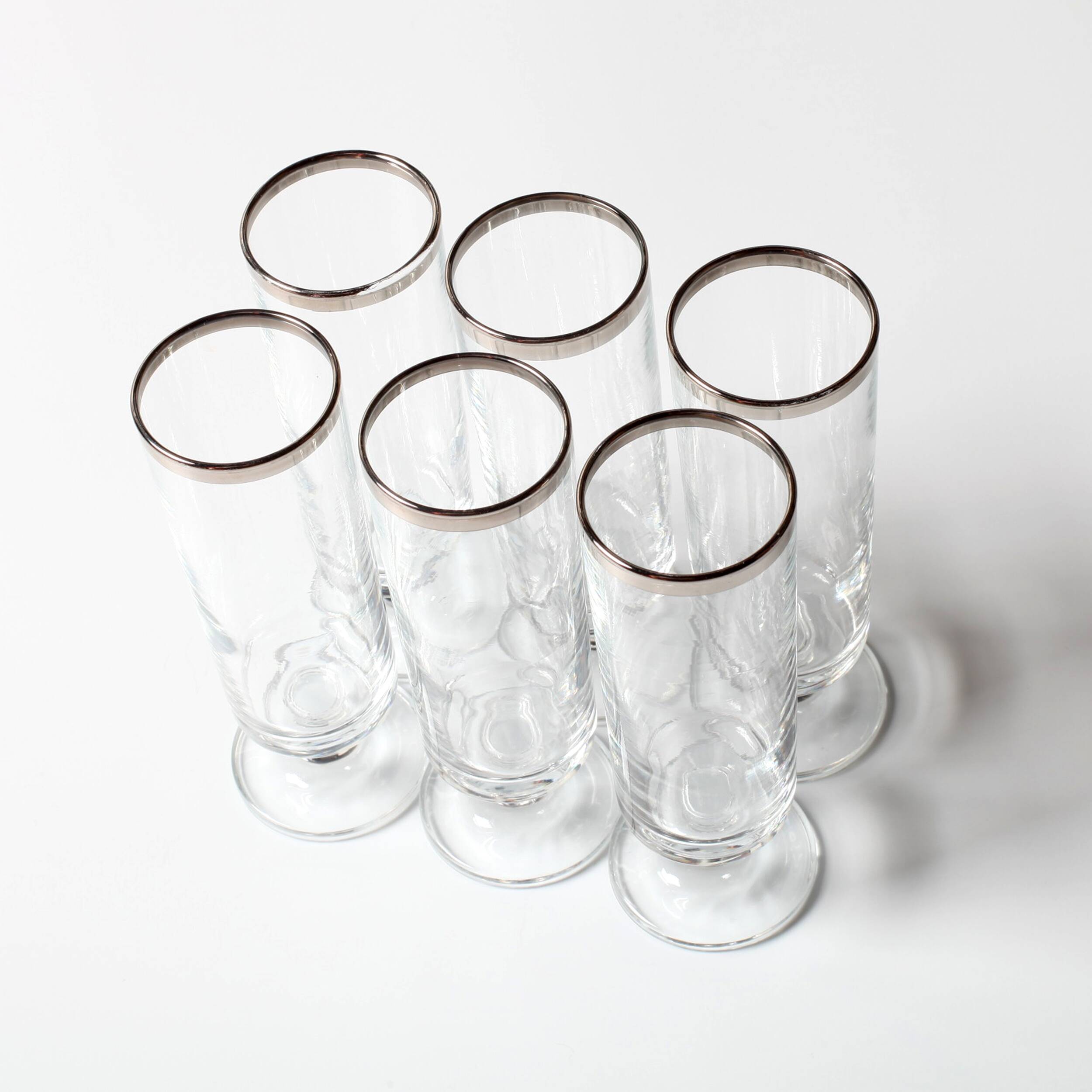Ensemble de 6 verres à vin vintage italiens transparents avec bord en argent, verres à pied du milieu du siècle.