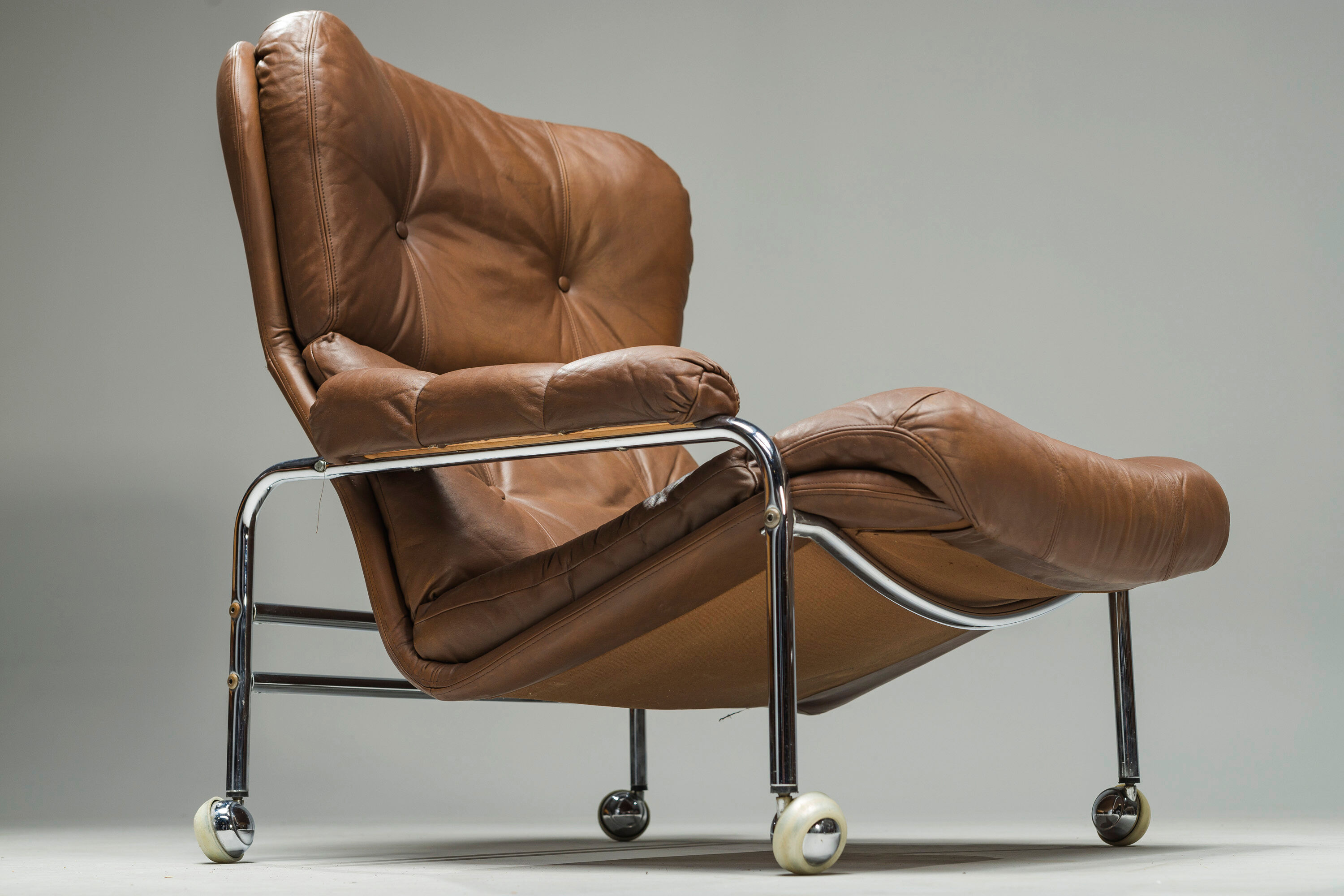 Swedish Lounge Chair and Ottoman in Chrome and Brown Leather by Scapa Rydaholm, 1960s, Set of 2