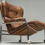 Swedish Lounge Chair and Ottoman in Chrome and Brown Leather by Scapa Rydaholm, 1960s, Set of 2