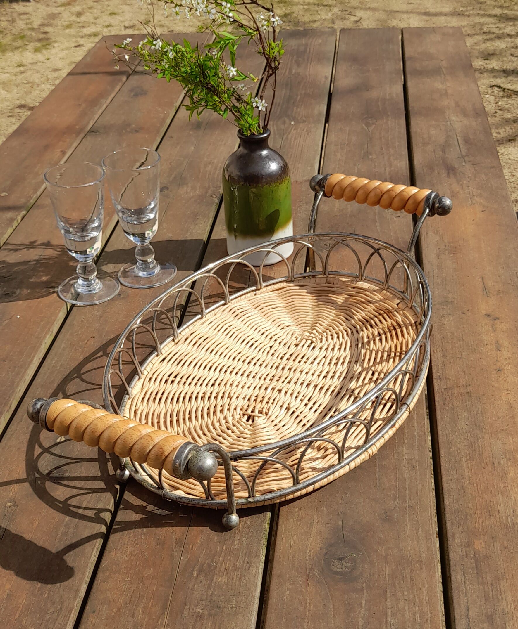 Rattan and silver metal tray with handles - vintage