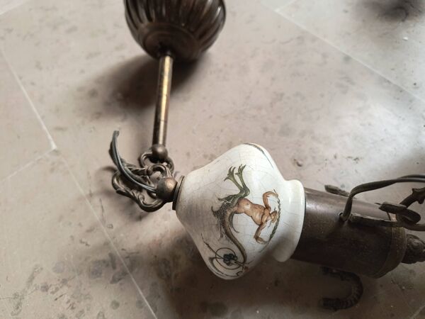 Lustre bronze, cuivre et faïence style gien