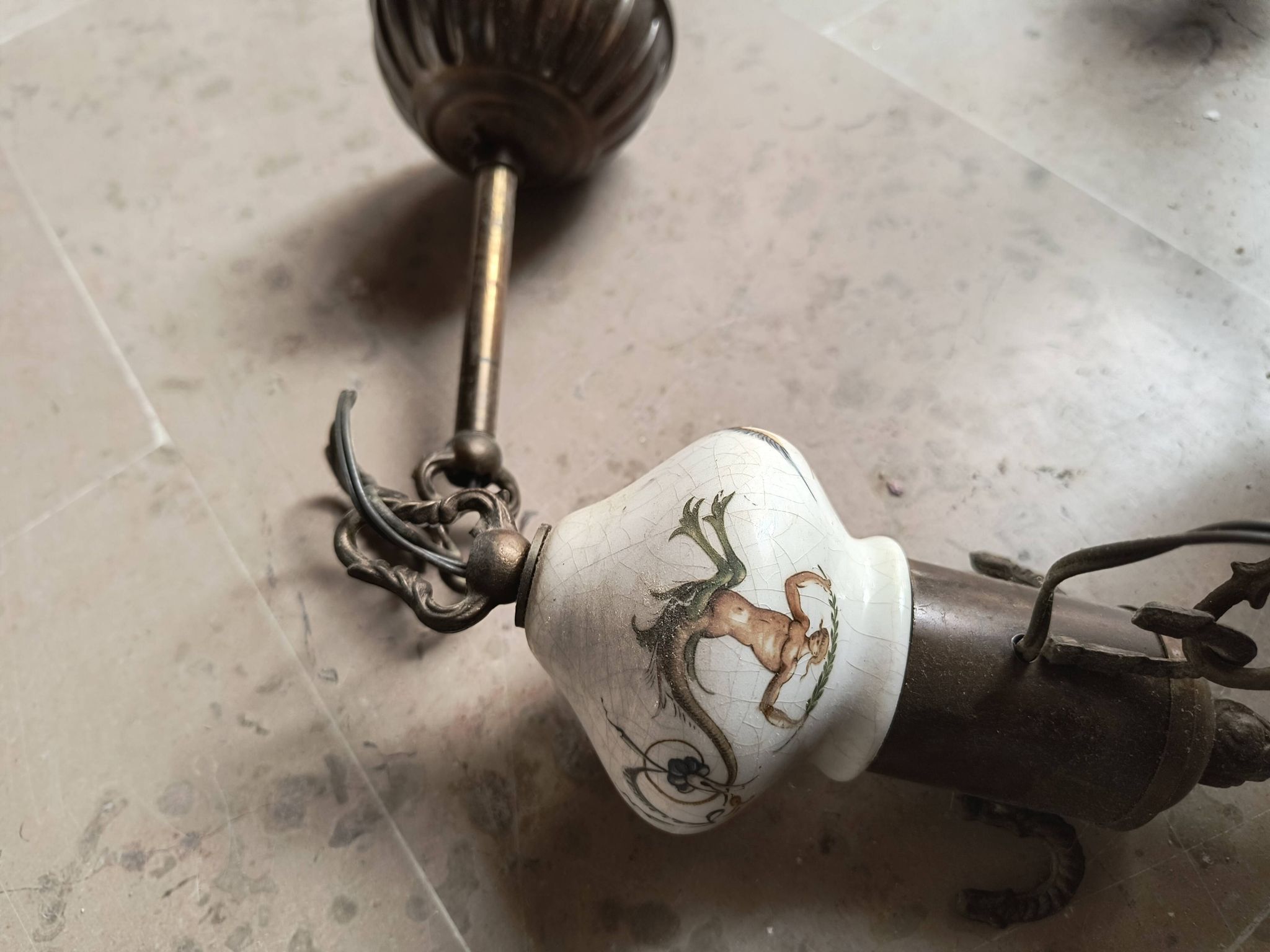Lustre bronze, cuivre et faïence style gien