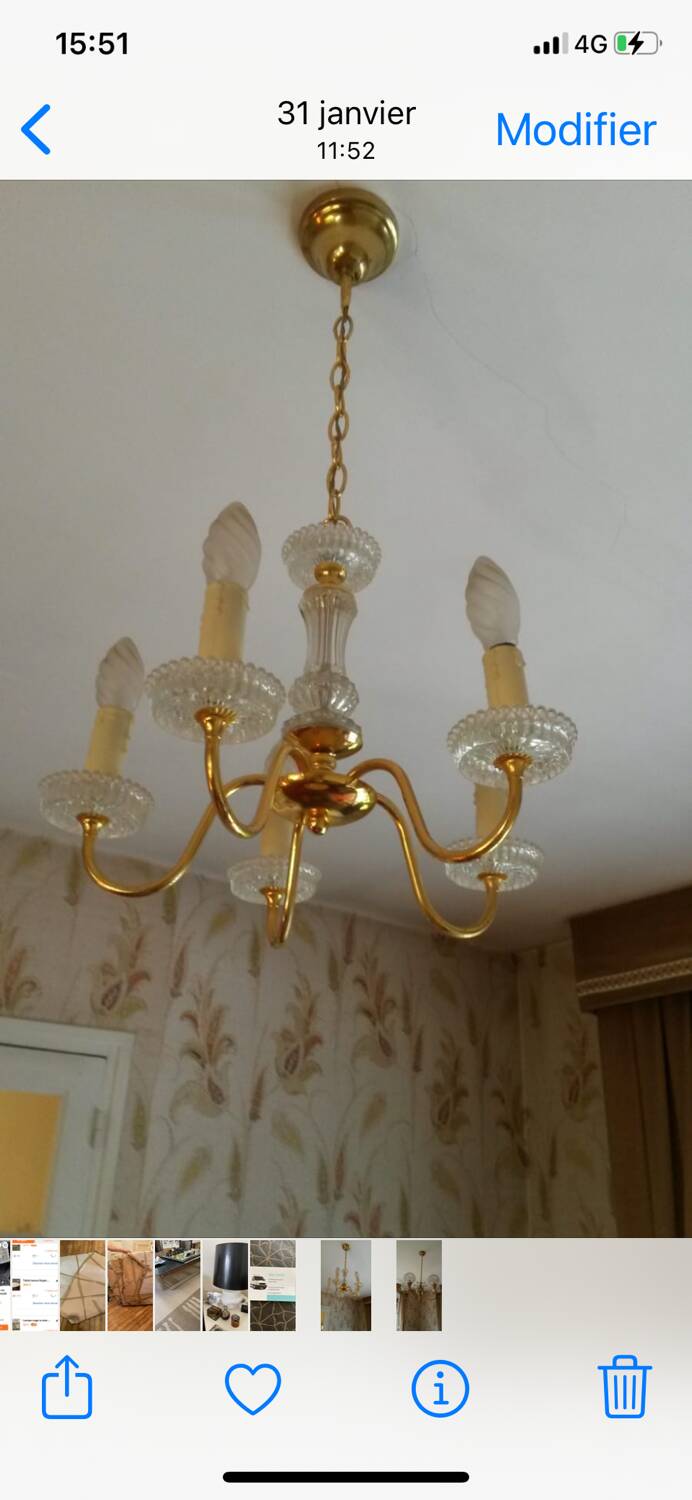 Five-branched golden brass chandelier