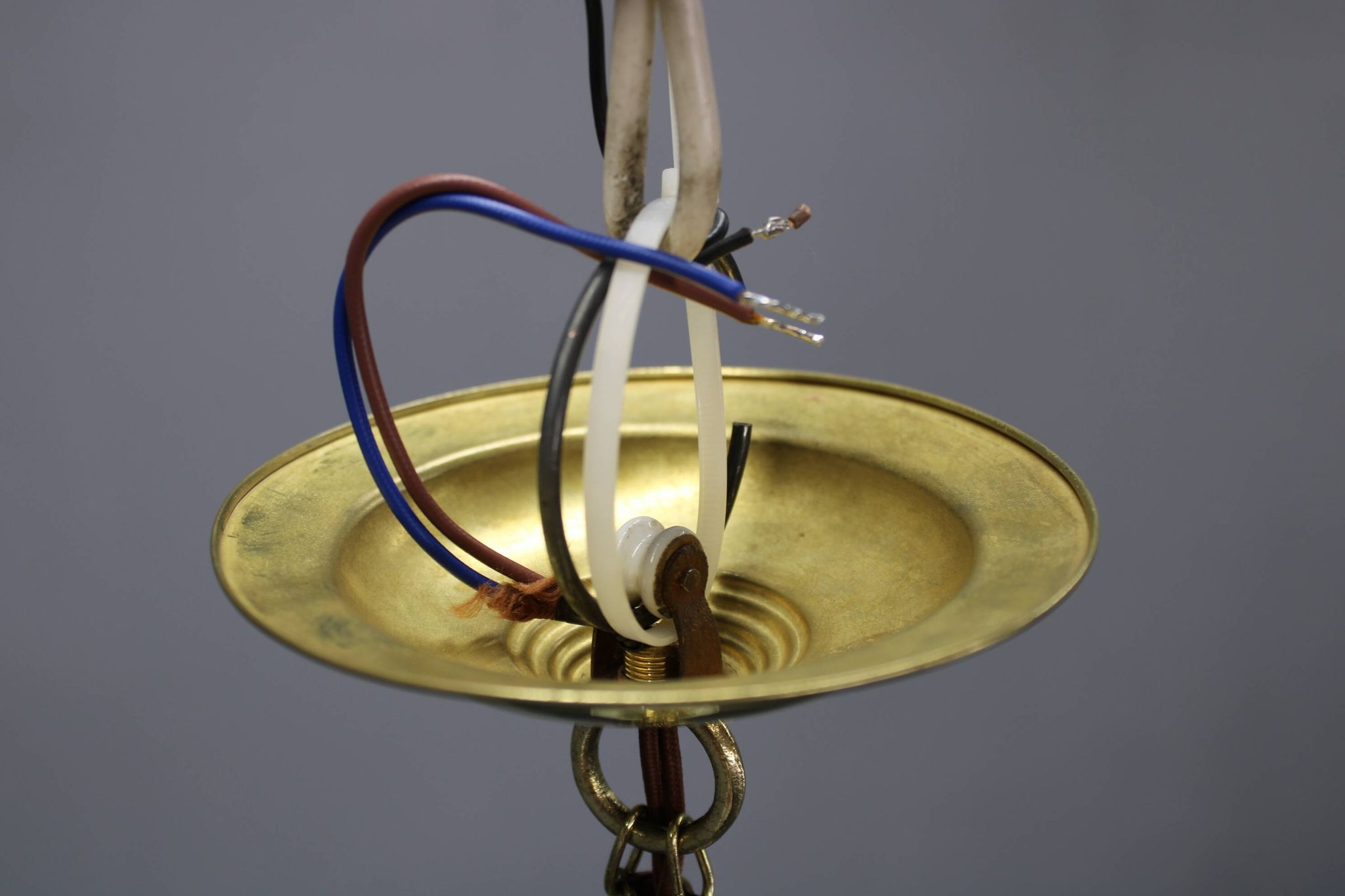 Pair of 1930s Peter Behrens Luzette pendants in opaline glass and brass