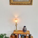 Low solid oak shelf, brutalist style, 60s
