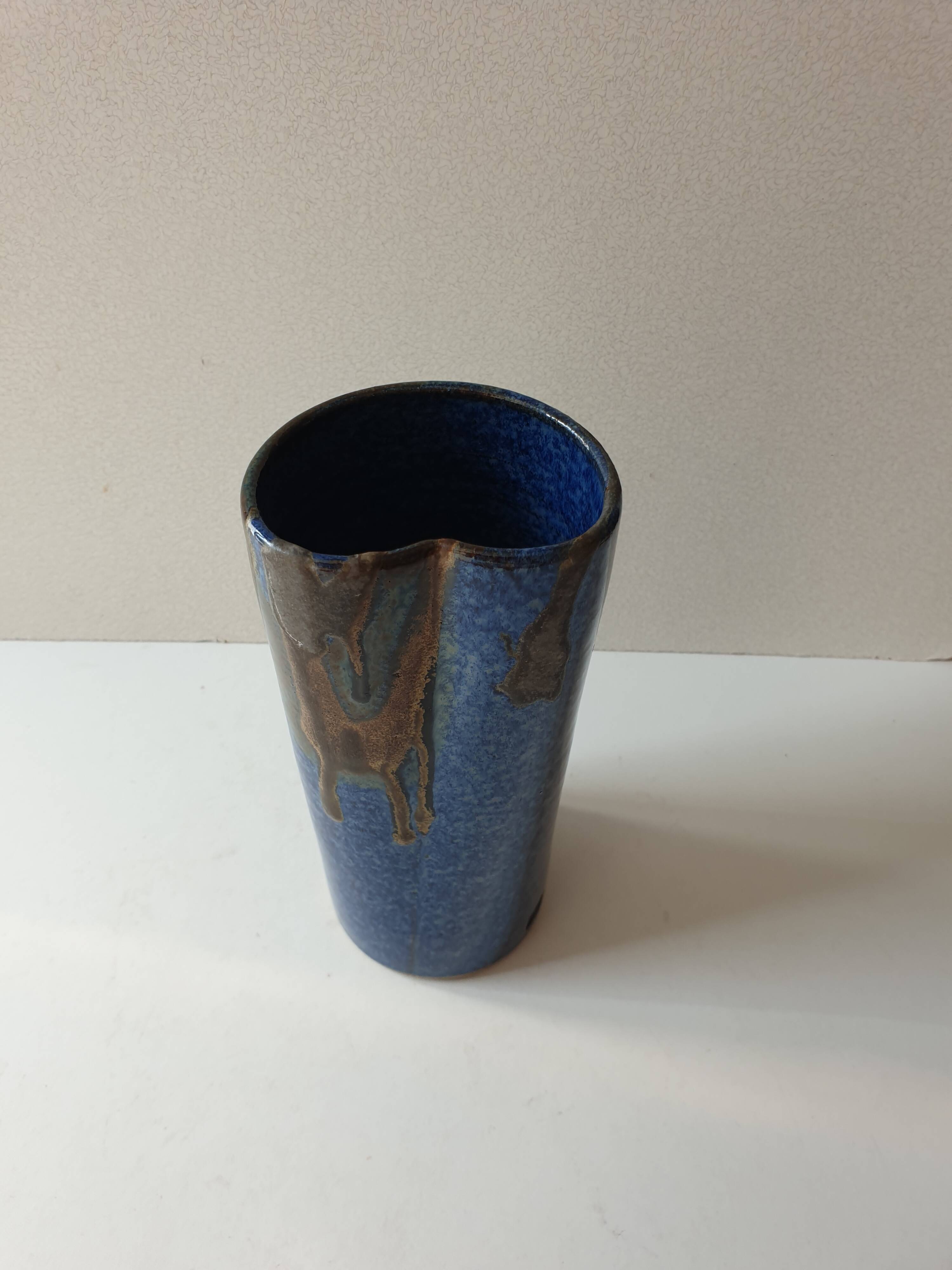 Ceramic vase with blue cover Signed Jean CACHELEUX (Puisaye)