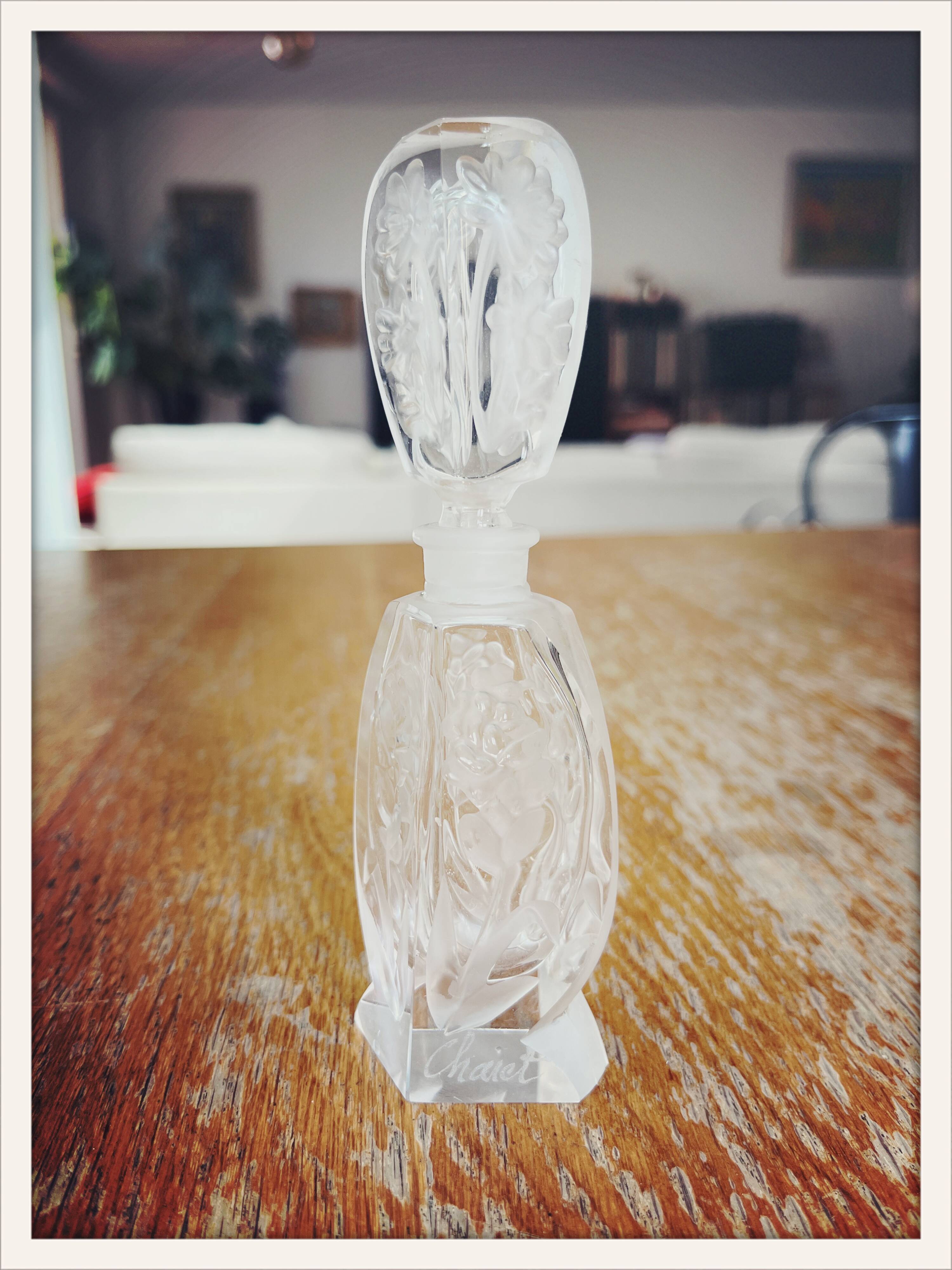 Pair of antique frosted crystal perfume bottles – Signed Charet