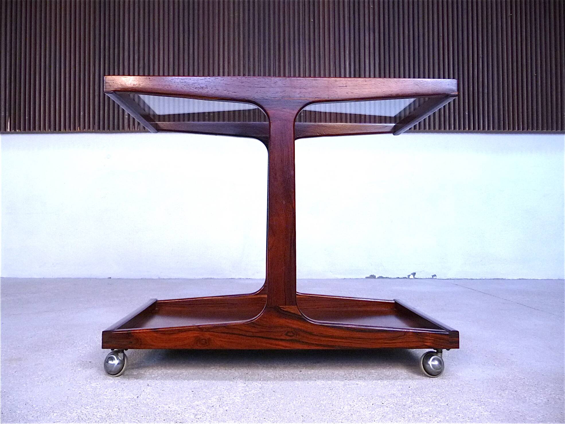 Vintage Modernist Serving Bar Cart in Walnut with Glass Top, Germany 1960s