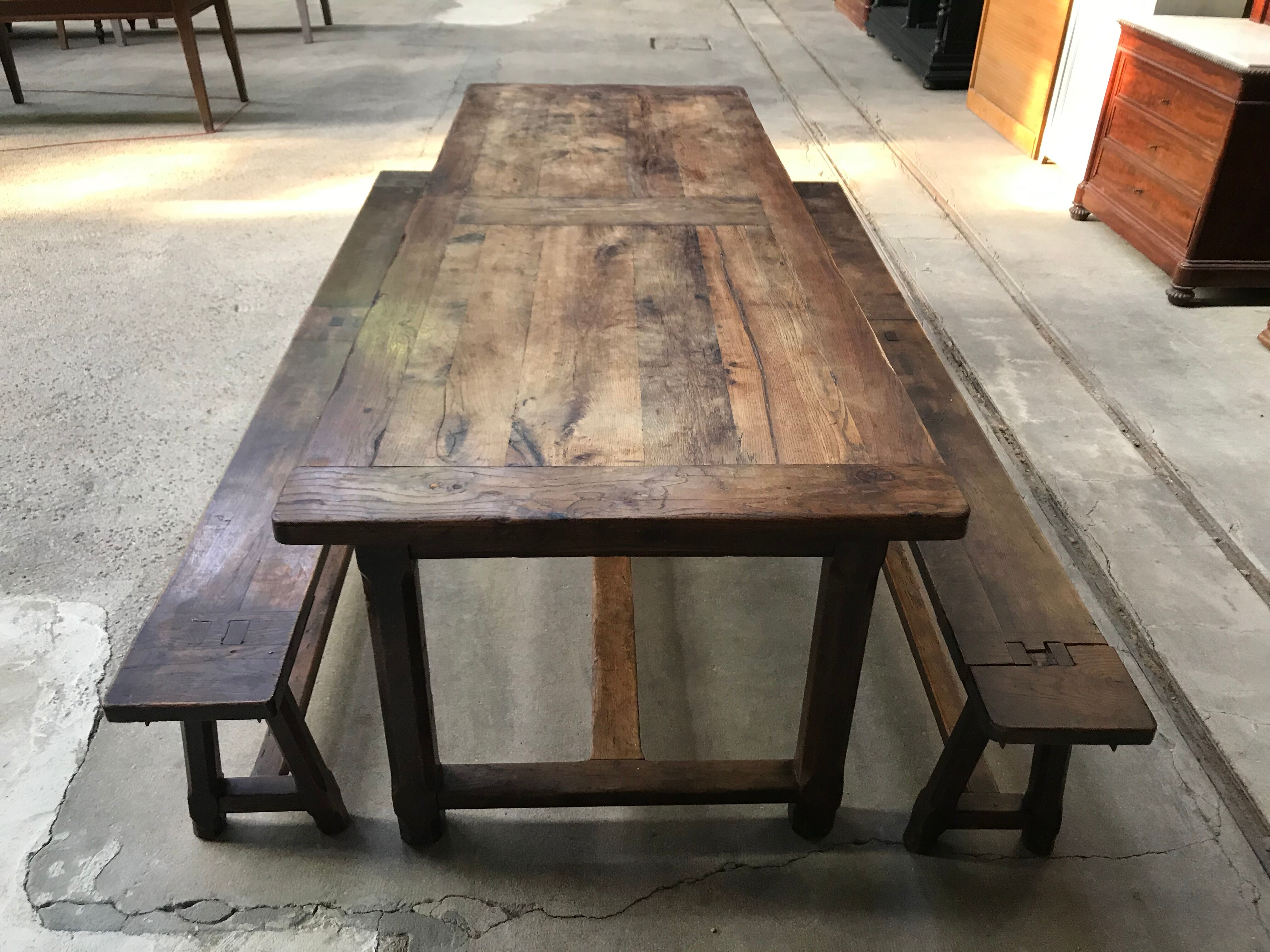 Farm table and two oak benches 19th