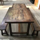 Farm table and two oak benches 19th