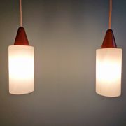 Large Scandinavian chandelier in teak and tubular white opaline, 1960.