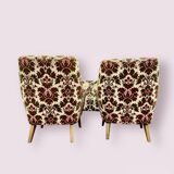 Fauteuils et canapé vintage pieds compas 1950 ancien motif floral