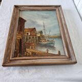 Peinture sur toile peinte à l'huile originale signée scènes de bateaux et de port du début du 20ème