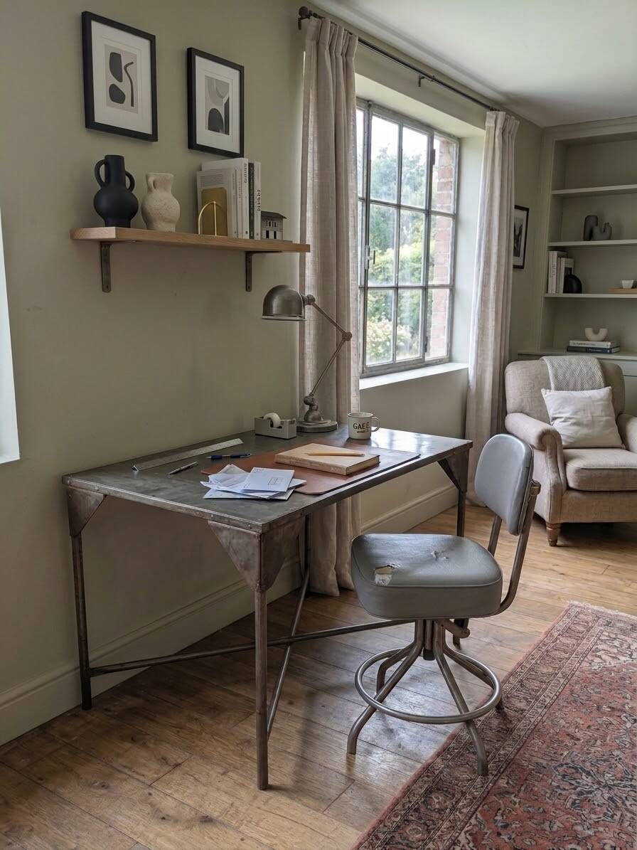 Vintage workshop desk in patinated metal