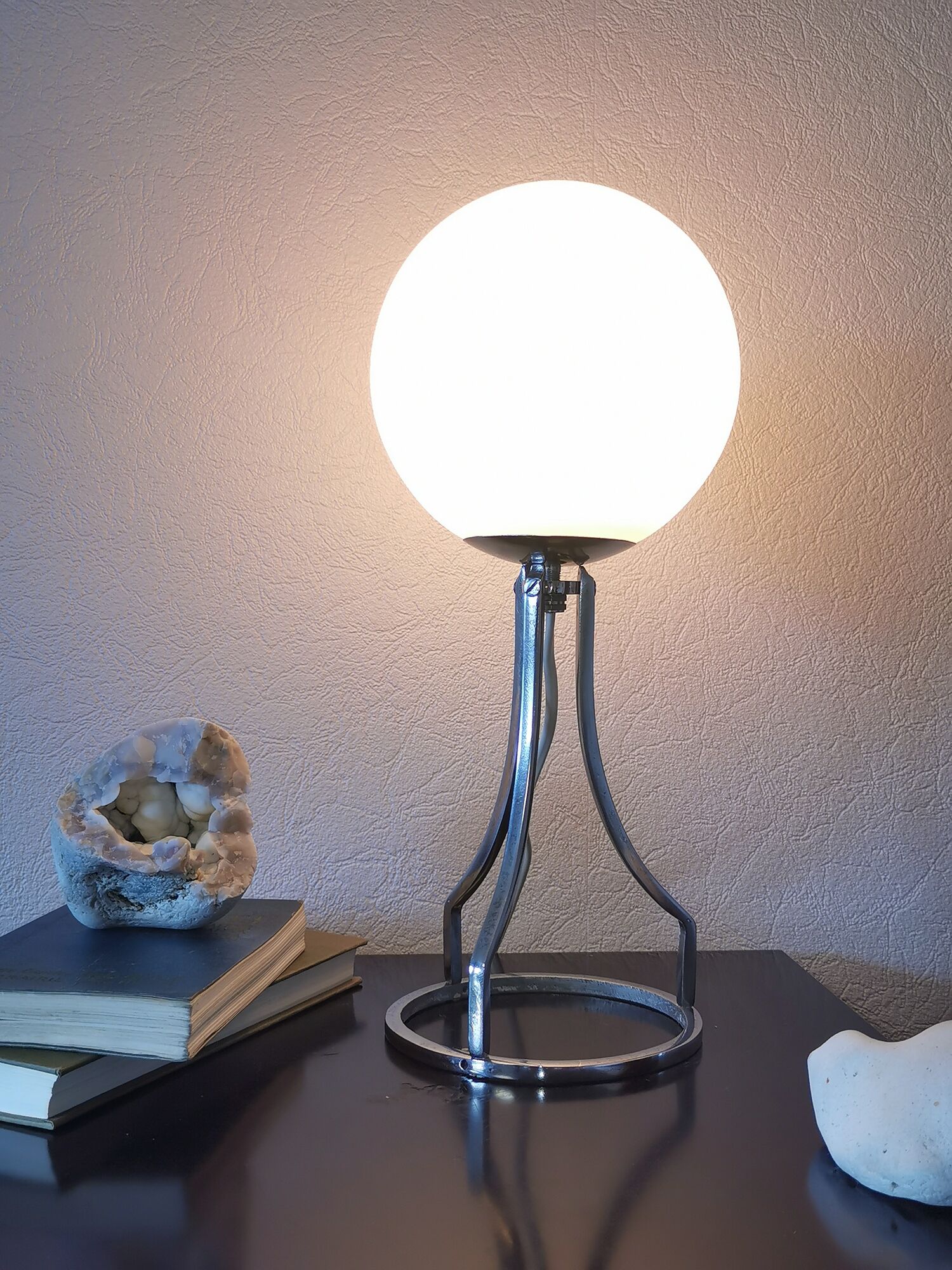 Lamp sphere of frosted glass, chrome steel, art deco, 1950