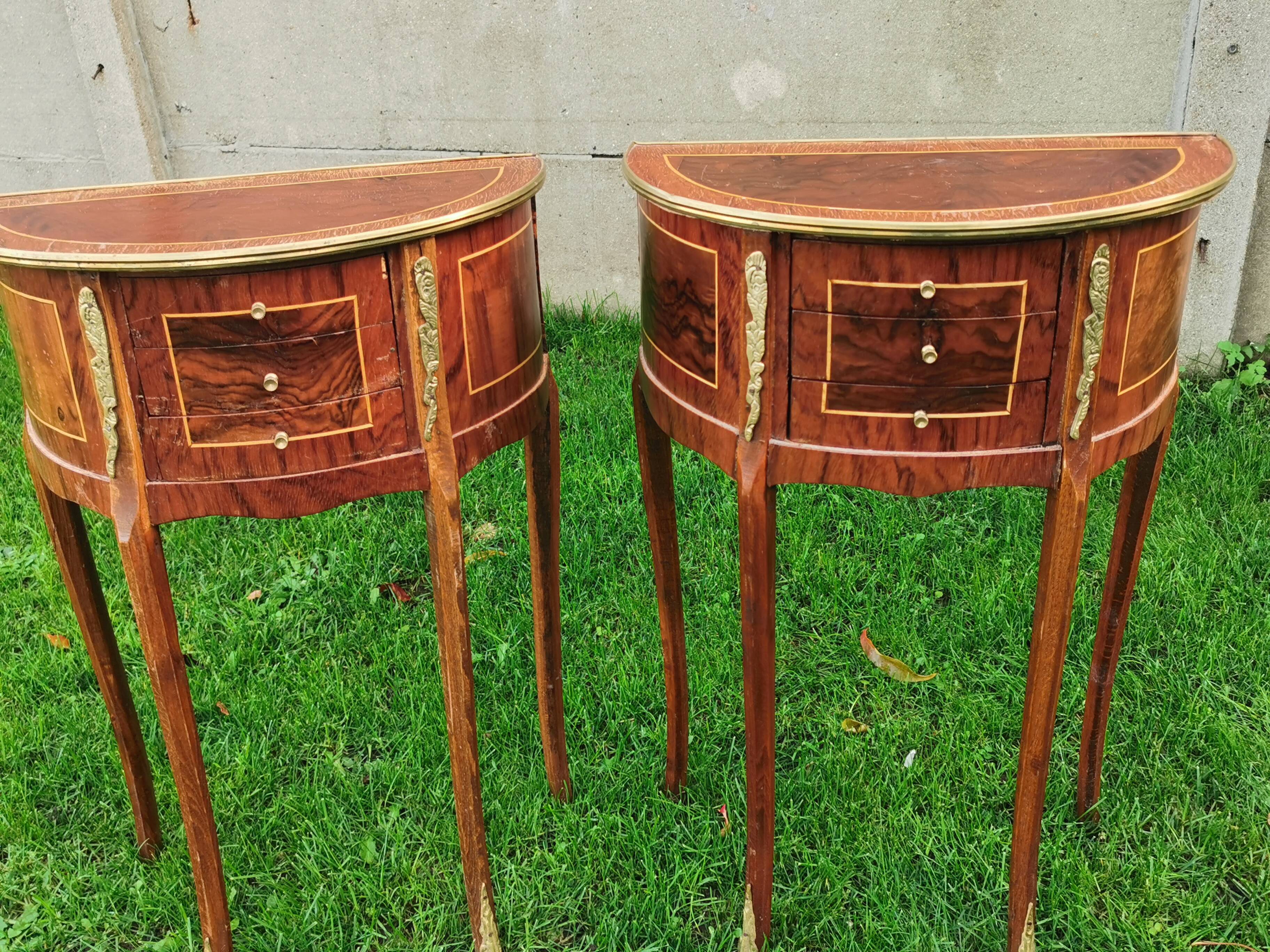 half-moon bedside pair in marquetry, bronze ornaments