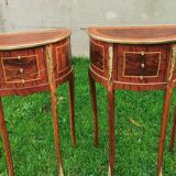 half-moon bedside pair in marquetry, bronze ornaments